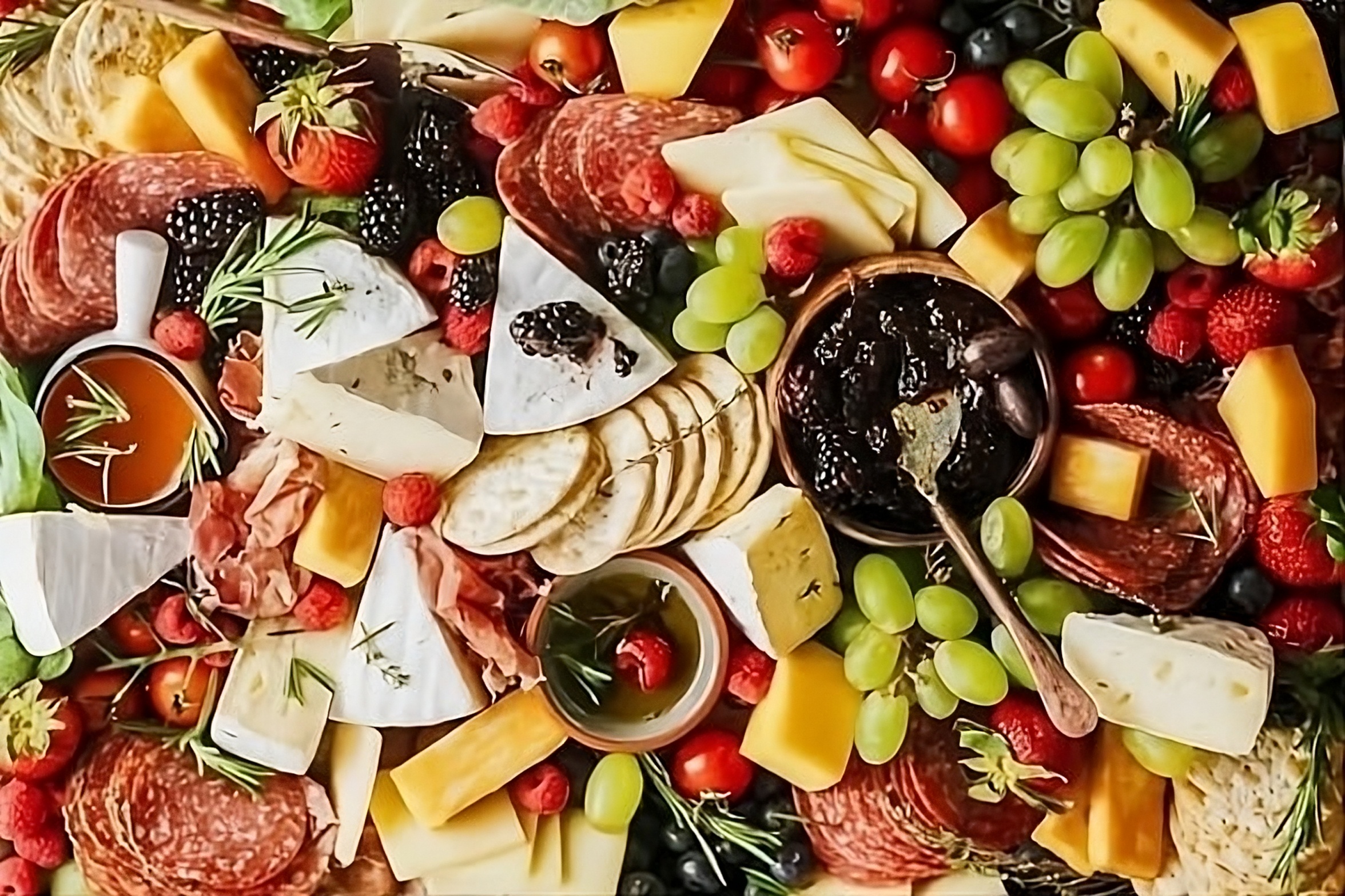 Delicious grazing board with cheese, meats, fruits, and crackers